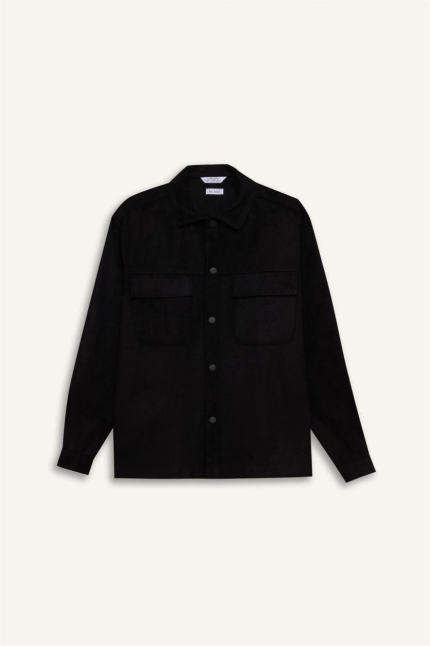 Erkek Siyah Relax Fit Oduncu Basic Düz Uzun Kollu Gömlek Ceket