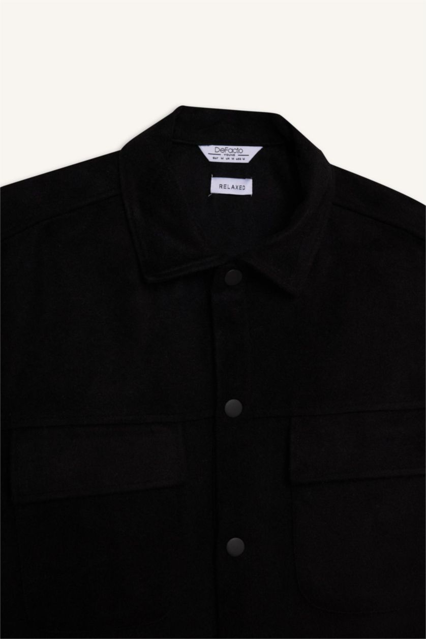 Erkek Siyah Relax Fit Oduncu Basic Düz Uzun Kollu Gömlek Ceket
