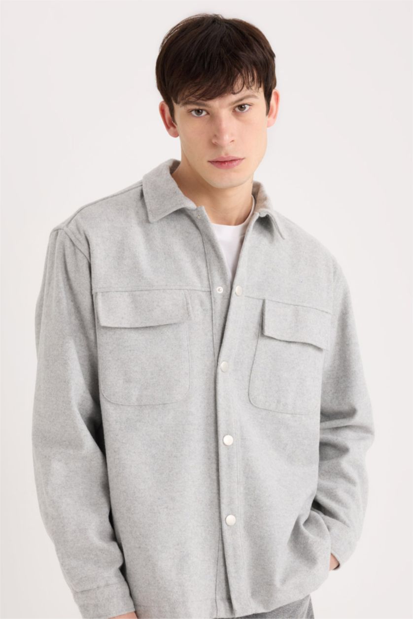 MAN Light Grey Relax Fit Basic Long Sleeve Overshirt