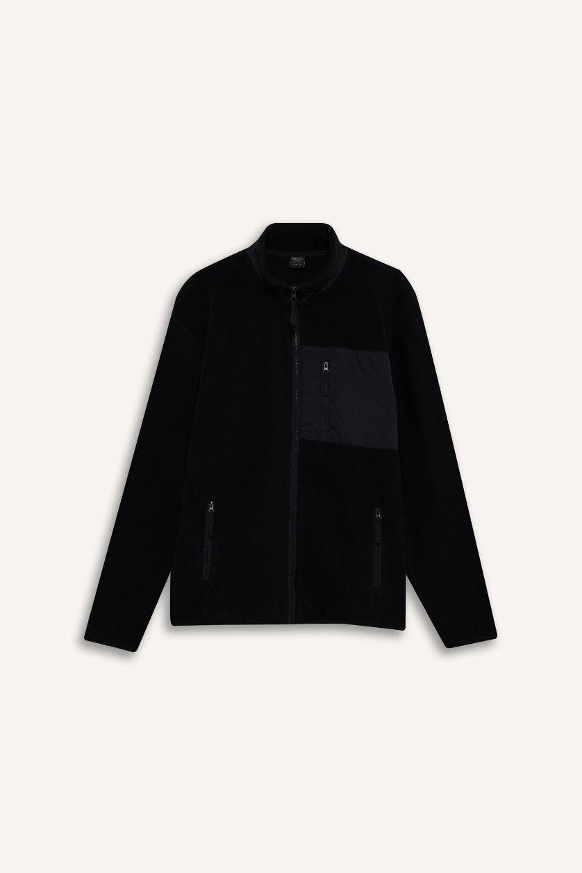 Erkek Siyah Dik Yaka Fermuarlı Polar Hırka