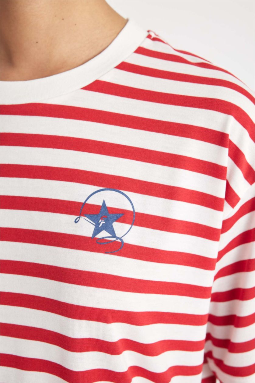 Kadın Kırmızı Oversıze Bisiklet Yaka Baskılı Sporcu Kısa Kollu Tişört