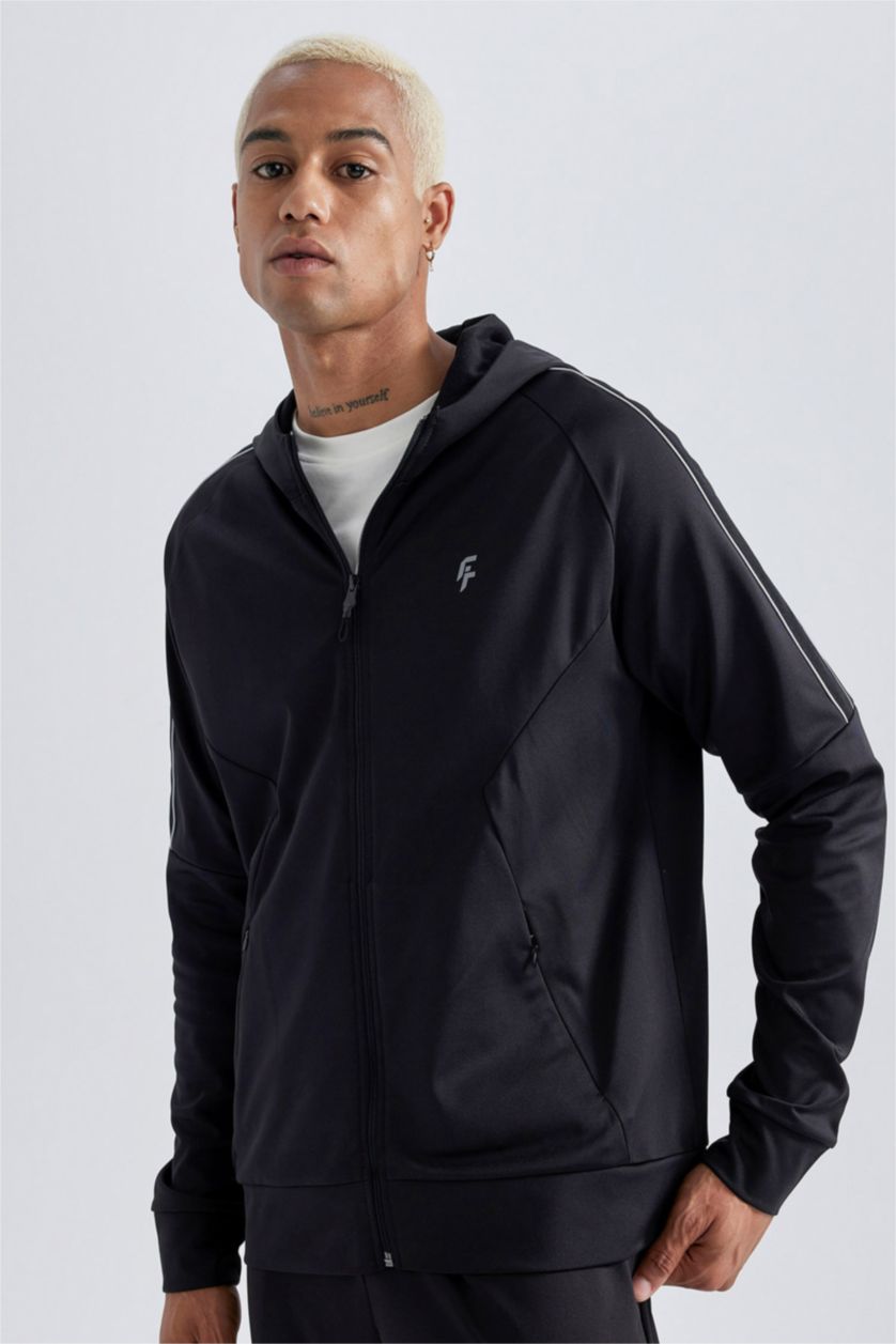 Erkek Siyah Slim Fit Dar Kesim Kapüşonlu Skuba Dalgıç Kumaş Sporcu Fermuarlı Sweatshirt