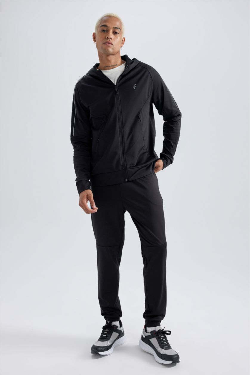 Erkek Siyah Slim Fit Dar Kesim Kapüşonlu Skuba Dalgıç Kumaş Sporcu Fermuarlı Sweatshirt