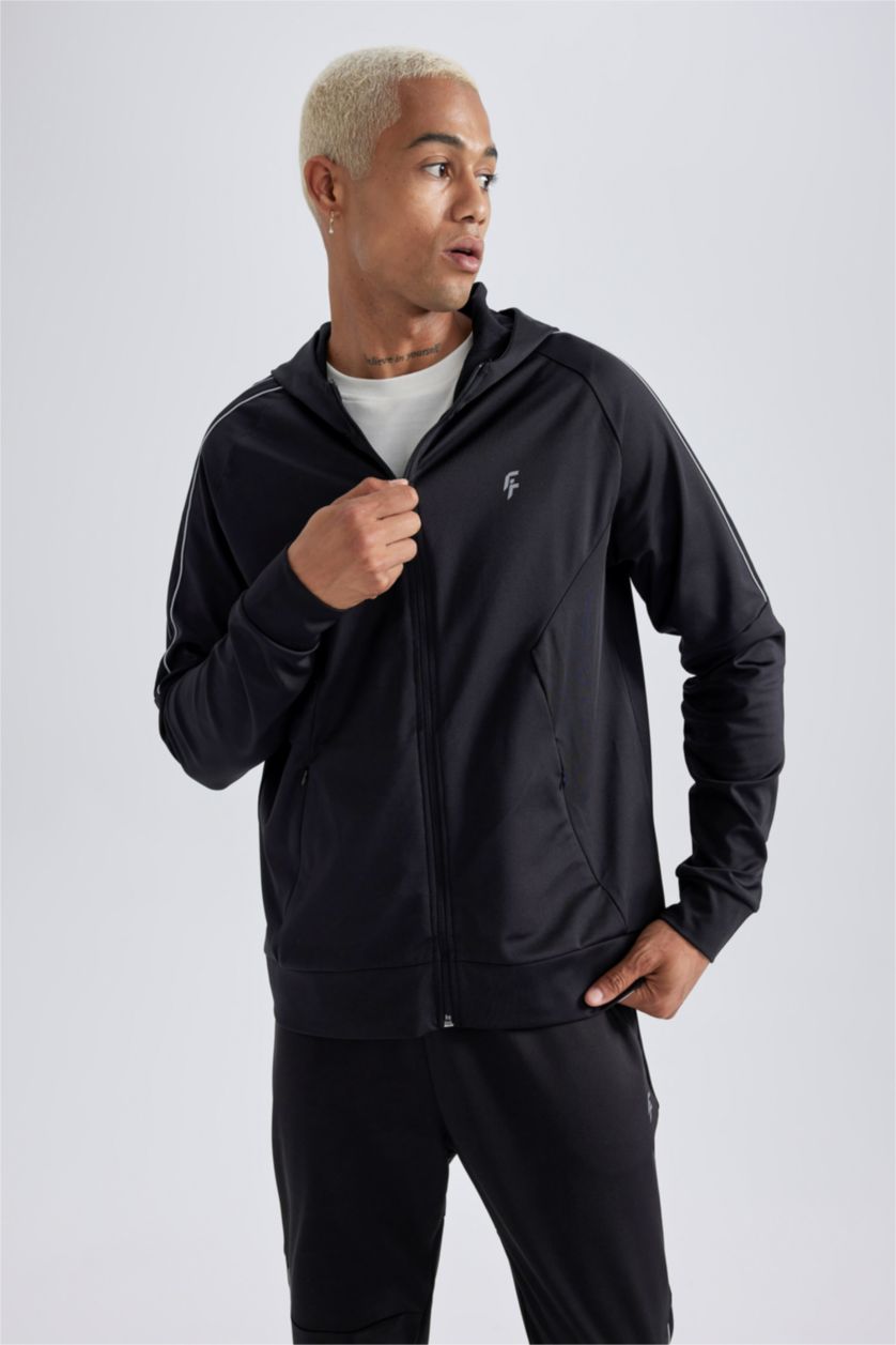 Erkek Siyah Slim Fit Dar Kesim Kapüşonlu Skuba Dalgıç Kumaş Sporcu Fermuarlı Sweatshirt