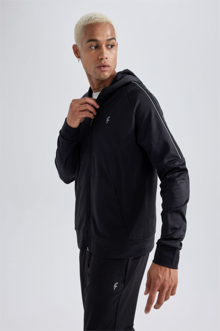 Erkek Siyah Slim Fit Dar Kesim Kapüşonlu Skuba Dalgıç Kumaş Sporcu Fermuarlı Sweatshirt