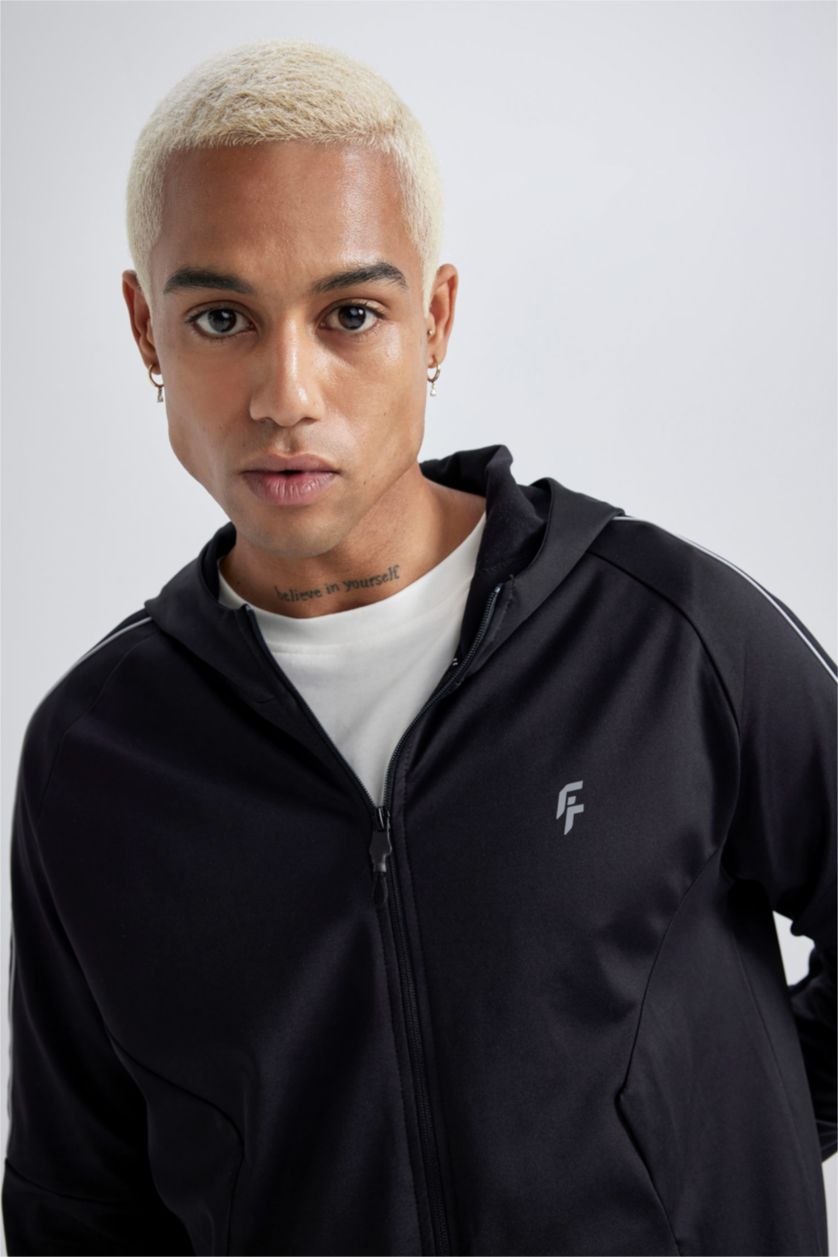 Erkek Siyah Slim Fit Dar Kesim Kapüşonlu Skuba Dalgıç Kumaş Sporcu Fermuarlı Sweatshirt