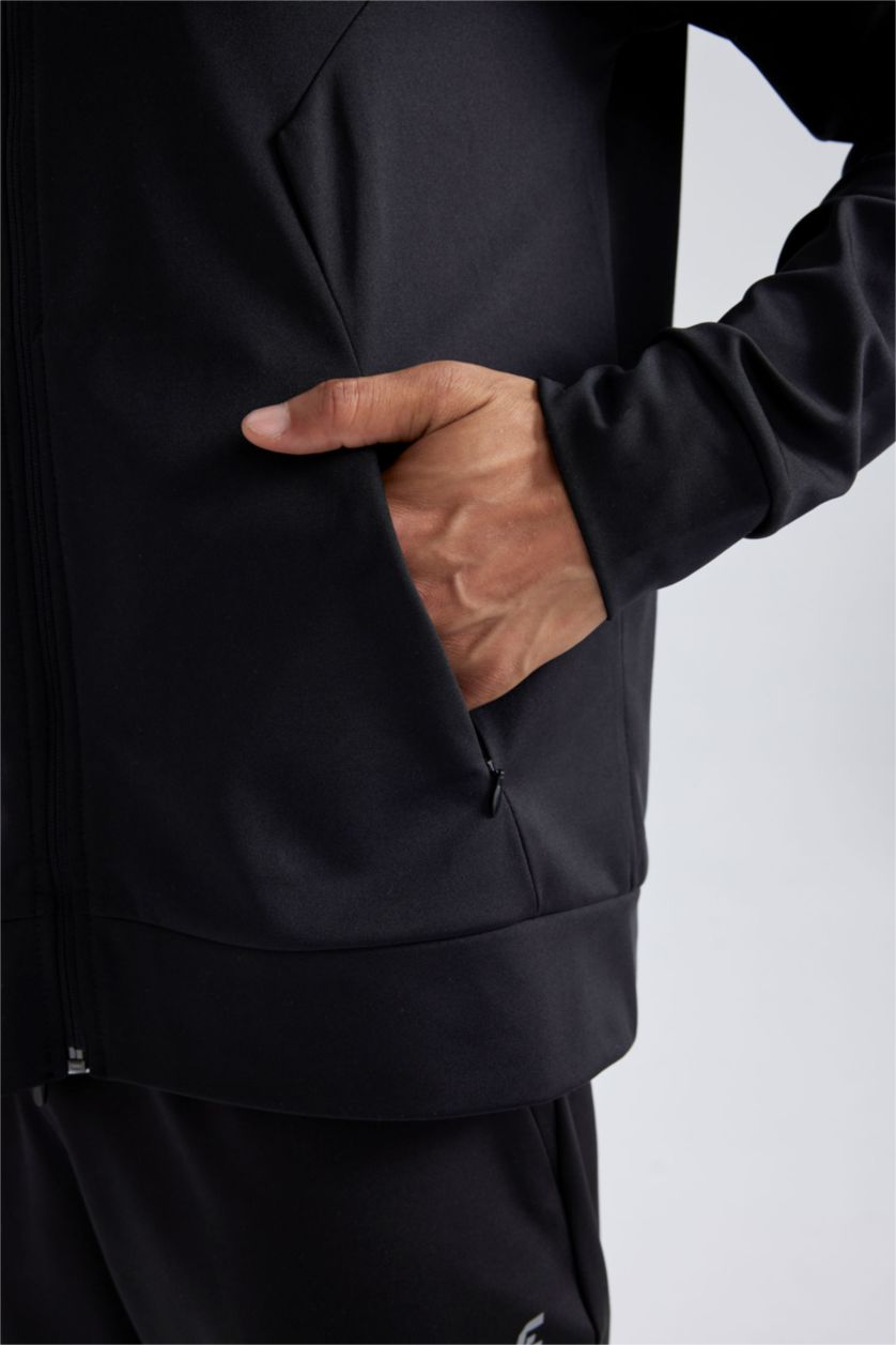 Erkek Siyah Slim Fit Dar Kesim Kapüşonlu Skuba Dalgıç Kumaş Sporcu Fermuarlı Sweatshirt