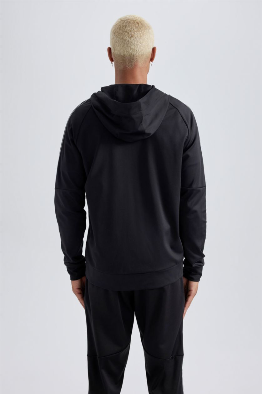 Erkek Siyah Slim Fit Dar Kesim Kapüşonlu Skuba Dalgıç Kumaş Sporcu Fermuarlı Sweatshirt