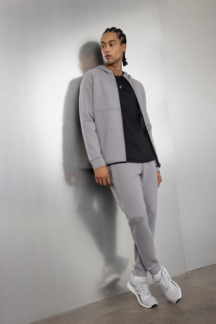 Erkek Gri Slim Fit Dar Kesim Kapüşonlu Skuba Dalgıç Kumaş Fermuarlı Sporcu Sweatshirt