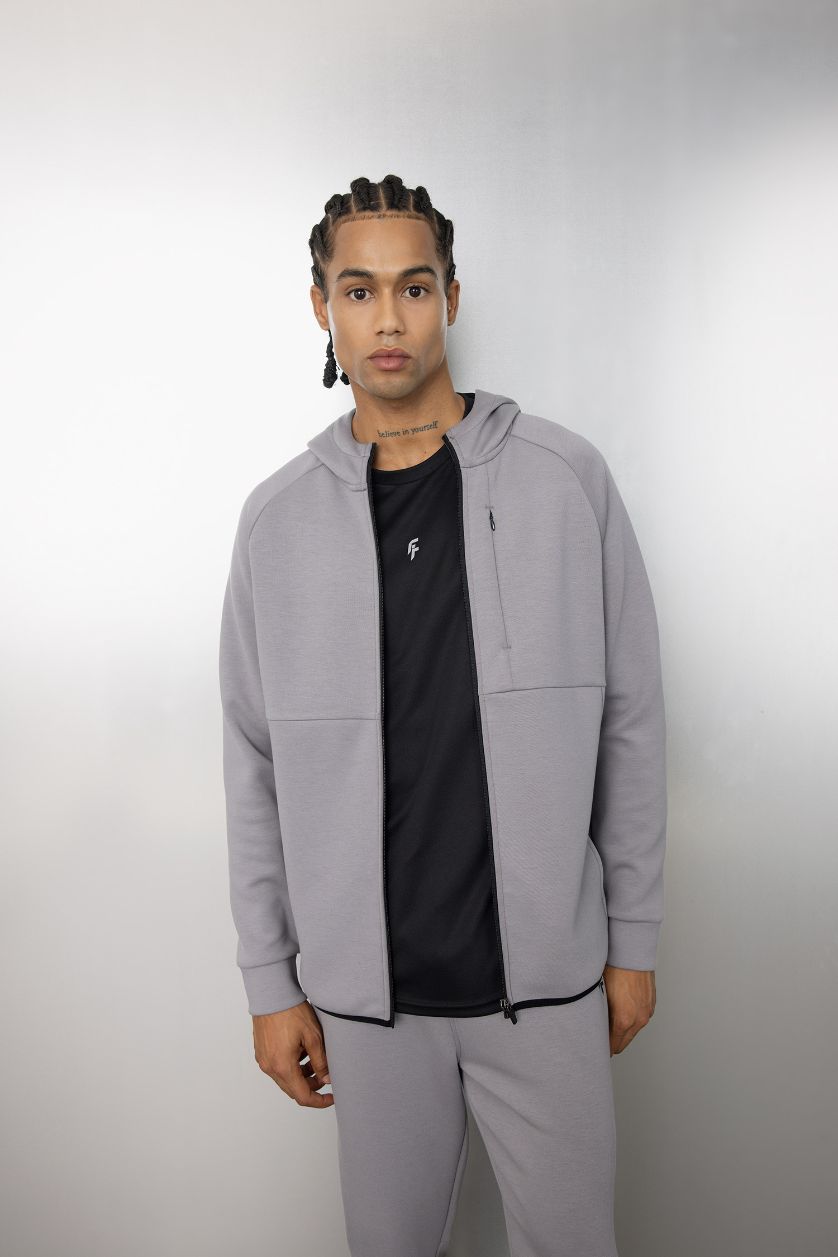 Erkek Gri Slim Fit Dar Kesim Kapüşonlu Skuba Dalgıç Kumaş Fermuarlı Sporcu Sweatshirt