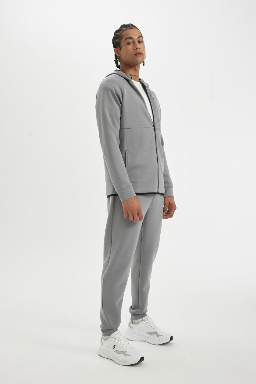 Erkek Gri Slim Fit Dar Kesim Kapüşonlu Skuba Dalgıç Kumaş Fermuarlı Sporcu Sweatshirt