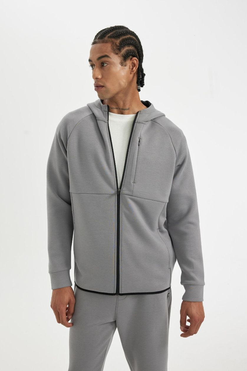 Erkek Gri Slim Fit Dar Kesim Kapüşonlu Skuba Dalgıç Kumaş Fermuarlı Sporcu Sweatshirt