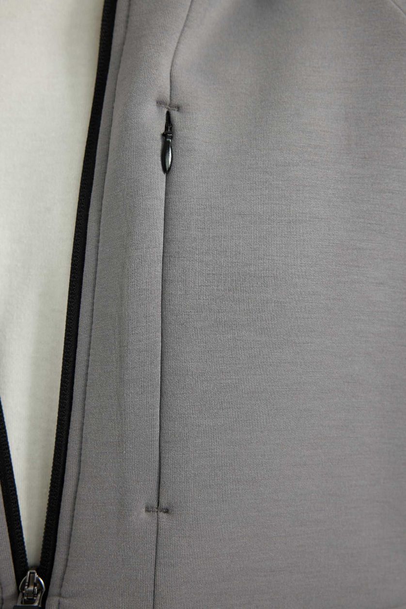 Erkek Gri Slim Fit Dar Kesim Kapüşonlu Skuba Dalgıç Kumaş Fermuarlı Sporcu Sweatshirt