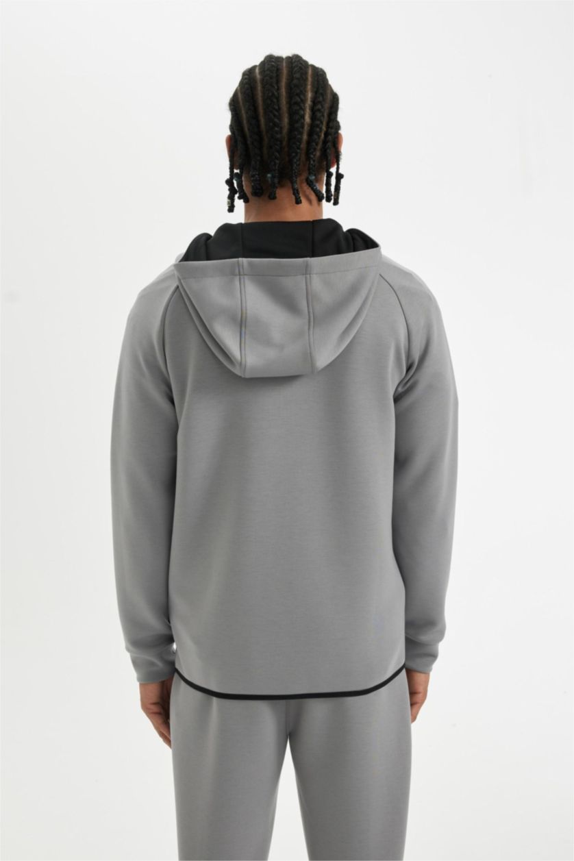 Erkek Gri Slim Fit Dar Kesim Kapüşonlu Skuba Dalgıç Kumaş Fermuarlı Sporcu Sweatshirt