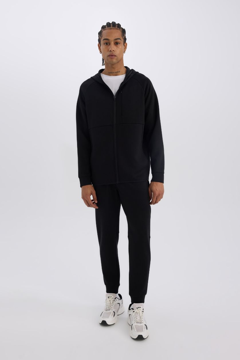 Erkek Siyah Slim Fit Dar Kesim Kapüşonlu Skuba Dalgıç Kumaş Fermuarlı Sporcu Sweatshirt