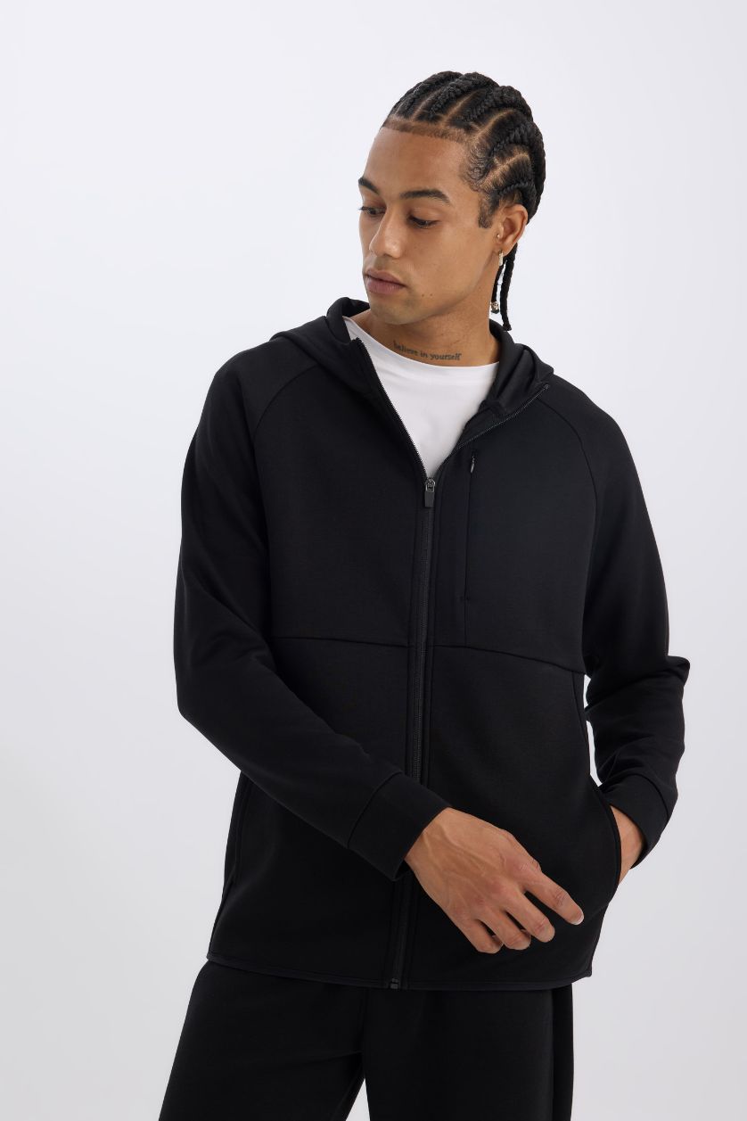 Erkek Siyah Slim Fit Dar Kesim Kapüşonlu Skuba Dalgıç Kumaş Fermuarlı Sporcu Sweatshirt