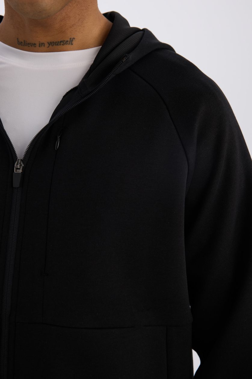 Erkek Siyah Slim Fit Dar Kesim Kapüşonlu Skuba Dalgıç Kumaş Fermuarlı Sporcu Sweatshirt