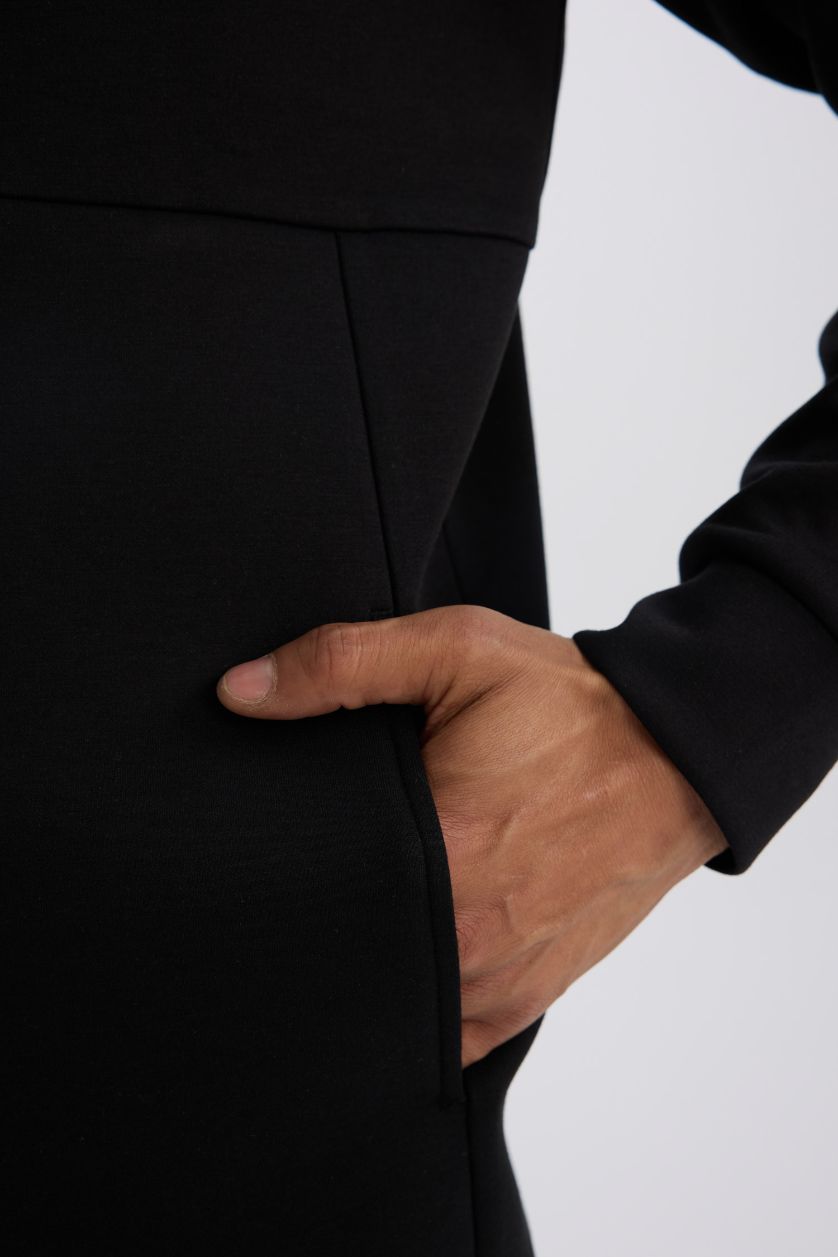 Erkek Siyah Slim Fit Dar Kesim Kapüşonlu Skuba Dalgıç Kumaş Fermuarlı Sporcu Sweatshirt