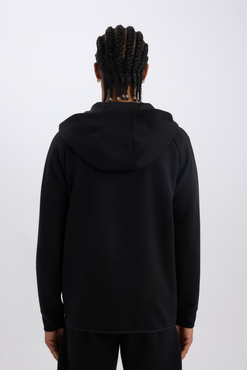 Erkek Siyah Slim Fit Dar Kesim Kapüşonlu Skuba Dalgıç Kumaş Fermuarlı Sporcu Sweatshirt