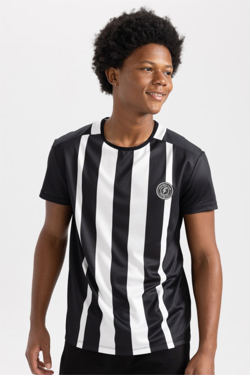 Erkek Siyah DeFactoFit Standart Fit Bisiklet Yaka Spor Baskılı Kısa Kollu Sporcu Tişört