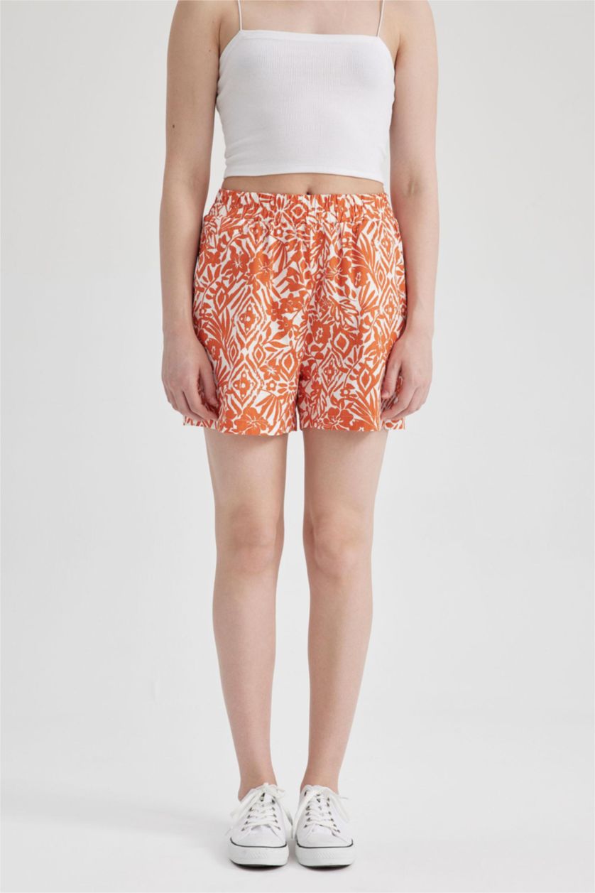 Kadın Koyu Turuncu Regular Fit Yüksek Bel Flamlı Pamuk %100 Pamuk Şort