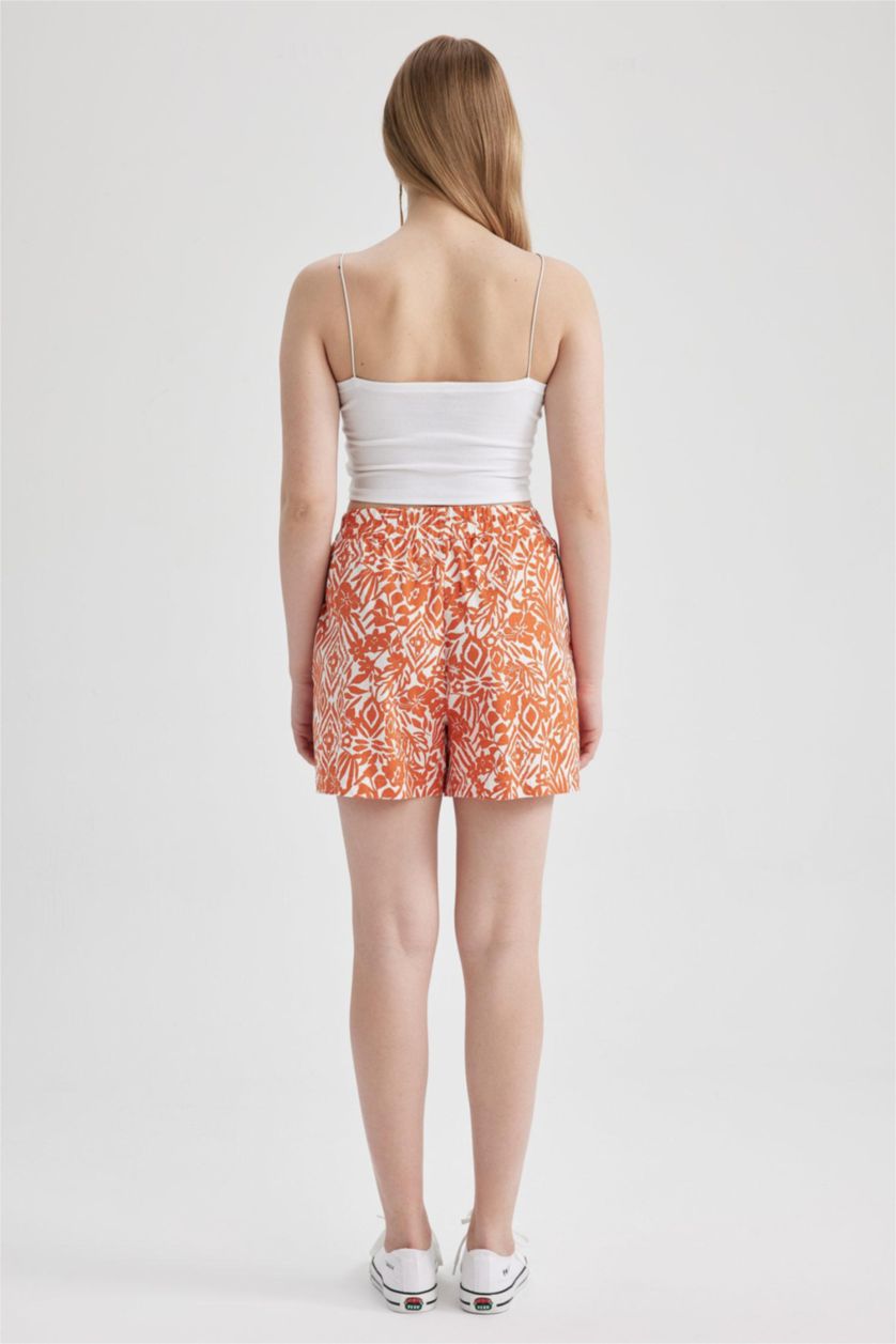 Kadın Koyu Turuncu Regular Fit Yüksek Bel Flamlı Pamuk %100 Pamuk Şort