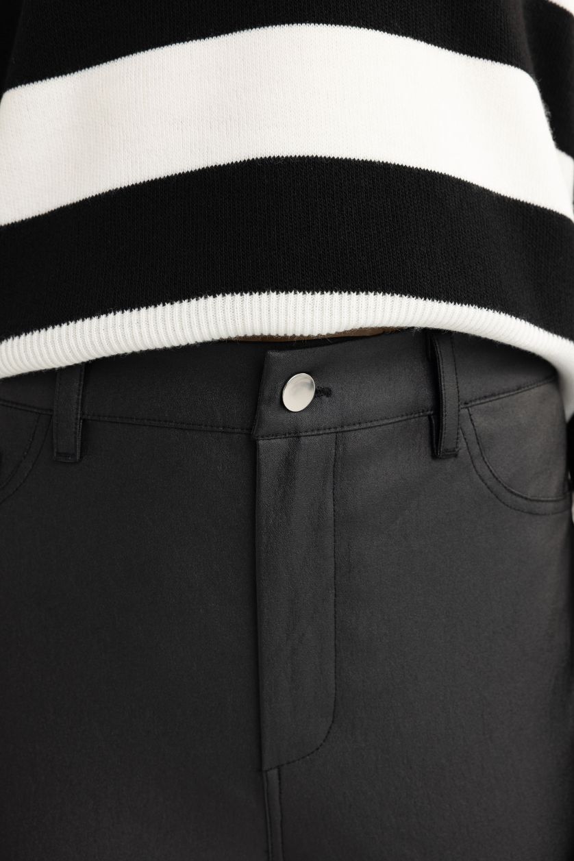 نساء أسود بنطلون جلد صناعي سوبر سكيني فيت مزين بجيب