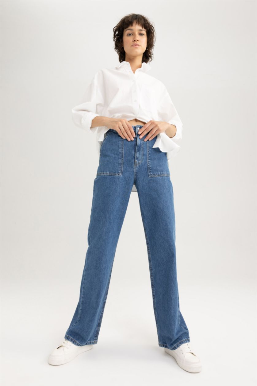 Kadın Koyu Mavi Yüksek Bel Wıde Leg Kargo Pantolon
