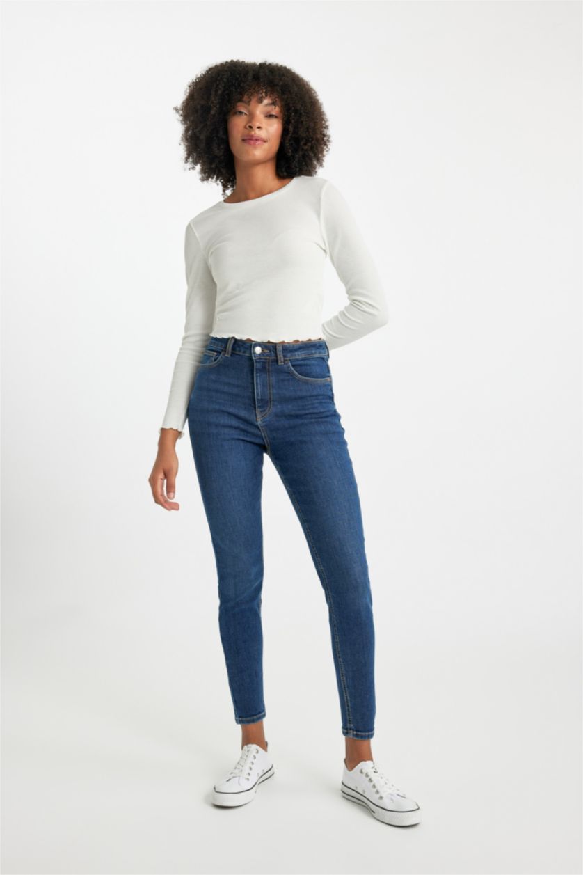 نساء أزرق غامق بنطلون جينز سكيني فيت وخصر عالي