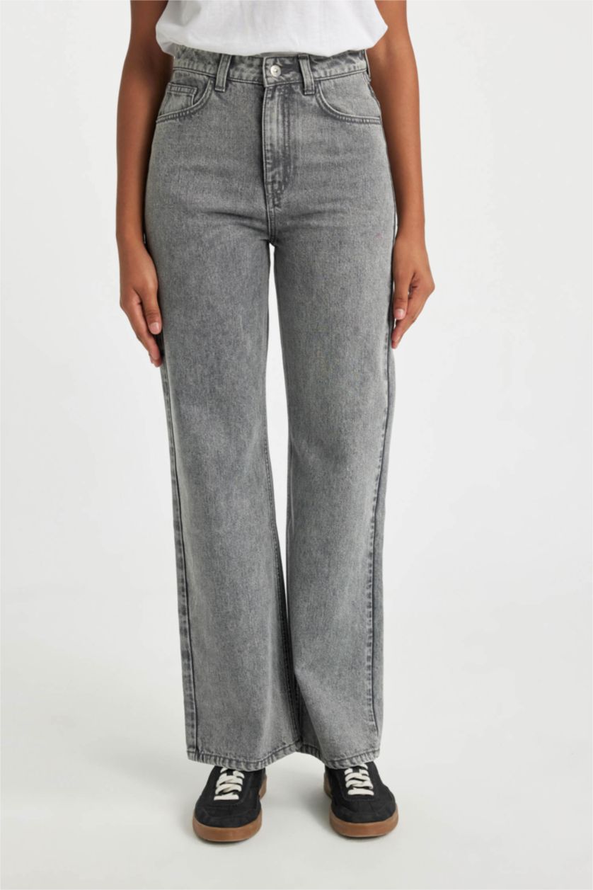 FEMME Gris Pantalon Jeans Jambe Large Taille Haute 100 % Coton