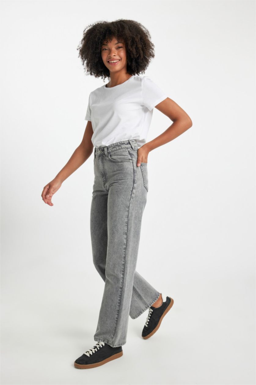 FEMME Gris Pantalon Jeans Jambe Large Taille Haute 100 % Coton