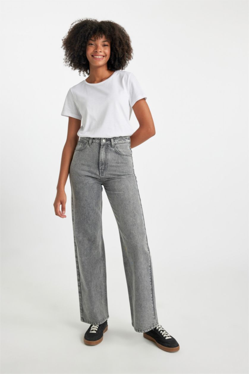 FEMME Gris Pantalon Jeans Jambe Large Taille Haute 100 % Coton