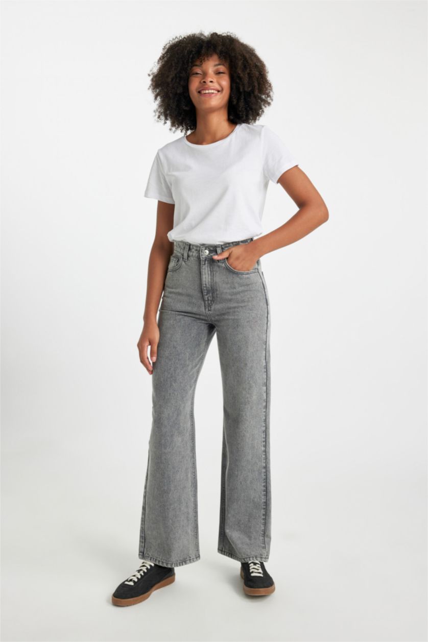 FEMME Gris Pantalon Jeans Jambe Large Taille Haute 100 % Coton