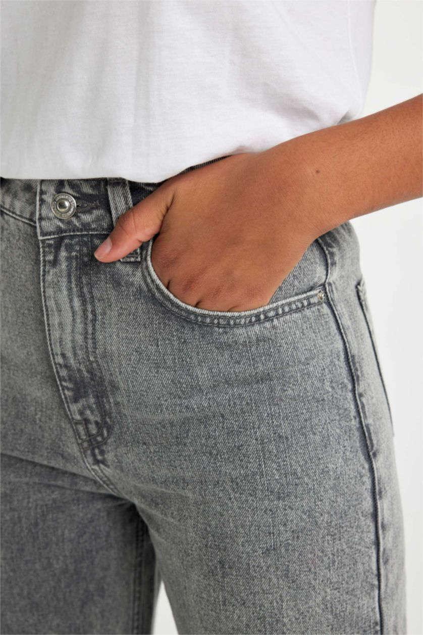 FEMME Gris Pantalon Jeans Jambe Large Taille Haute 100 % Coton