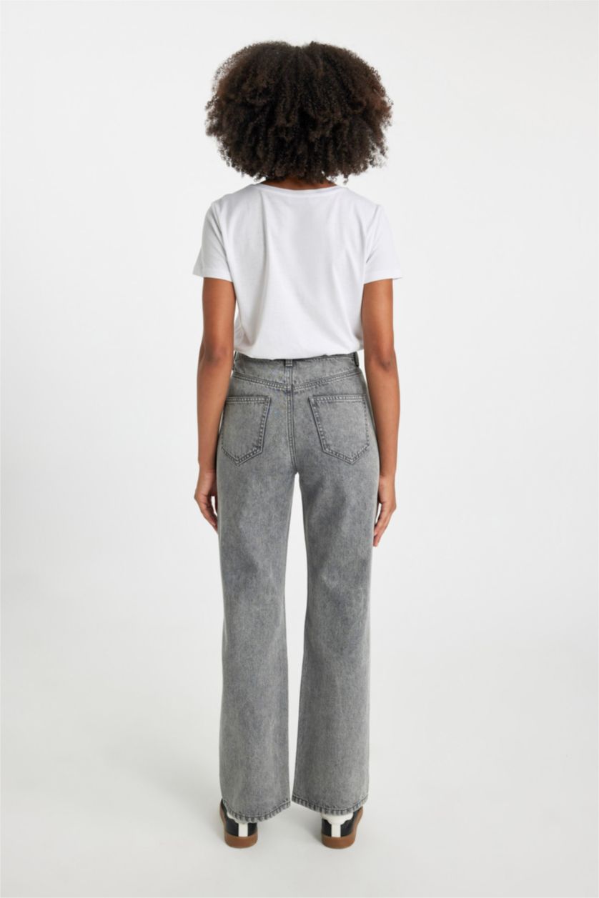 FEMME Gris Pantalon Jeans Jambe Large Taille Haute 100 % Coton