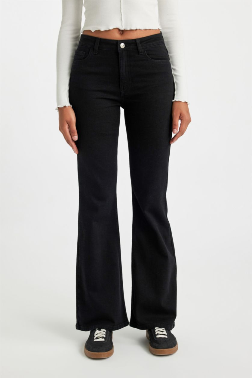 FEMME Noir Pantalon Jeans Flare Longue Taille Normale à Jambe Évasée