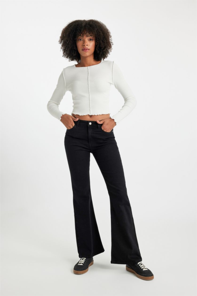 FEMME Noir Pantalon Jeans Flare Longue Taille Normale à Jambe Évasée