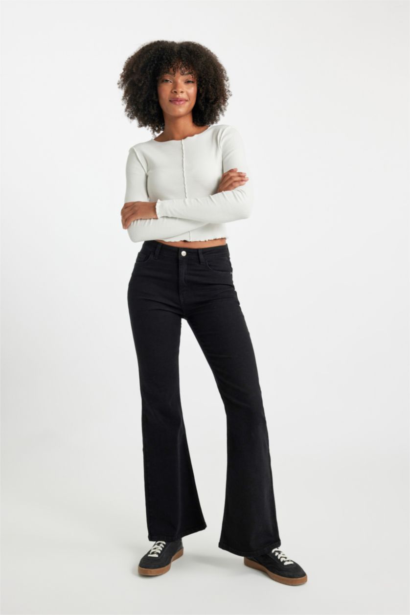 FEMME Noir Pantalon Jeans Flare Longue Taille Normale à Jambe Évasée