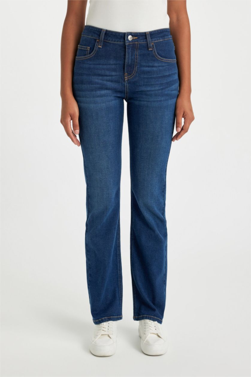 FEMME Bleu Foncé Pantalon Jean Long à Taille Haute