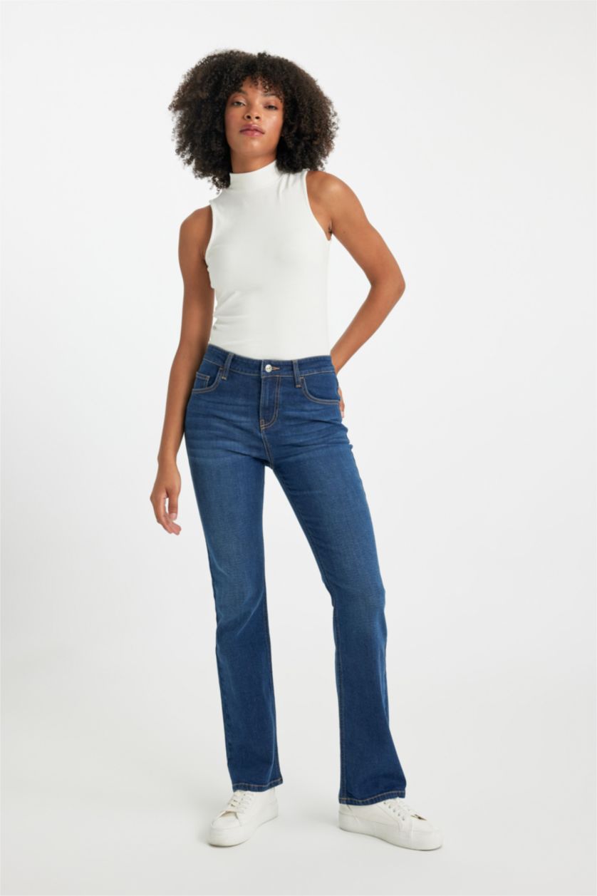 FEMME Bleu Foncé Pantalon Jean Long à Taille Haute