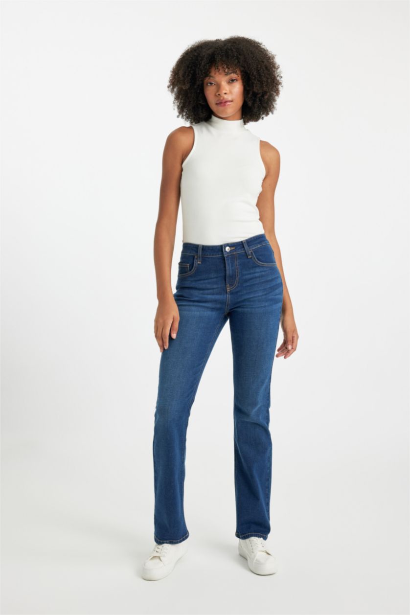 FEMME Bleu Foncé Pantalon Jean Long à Taille Haute