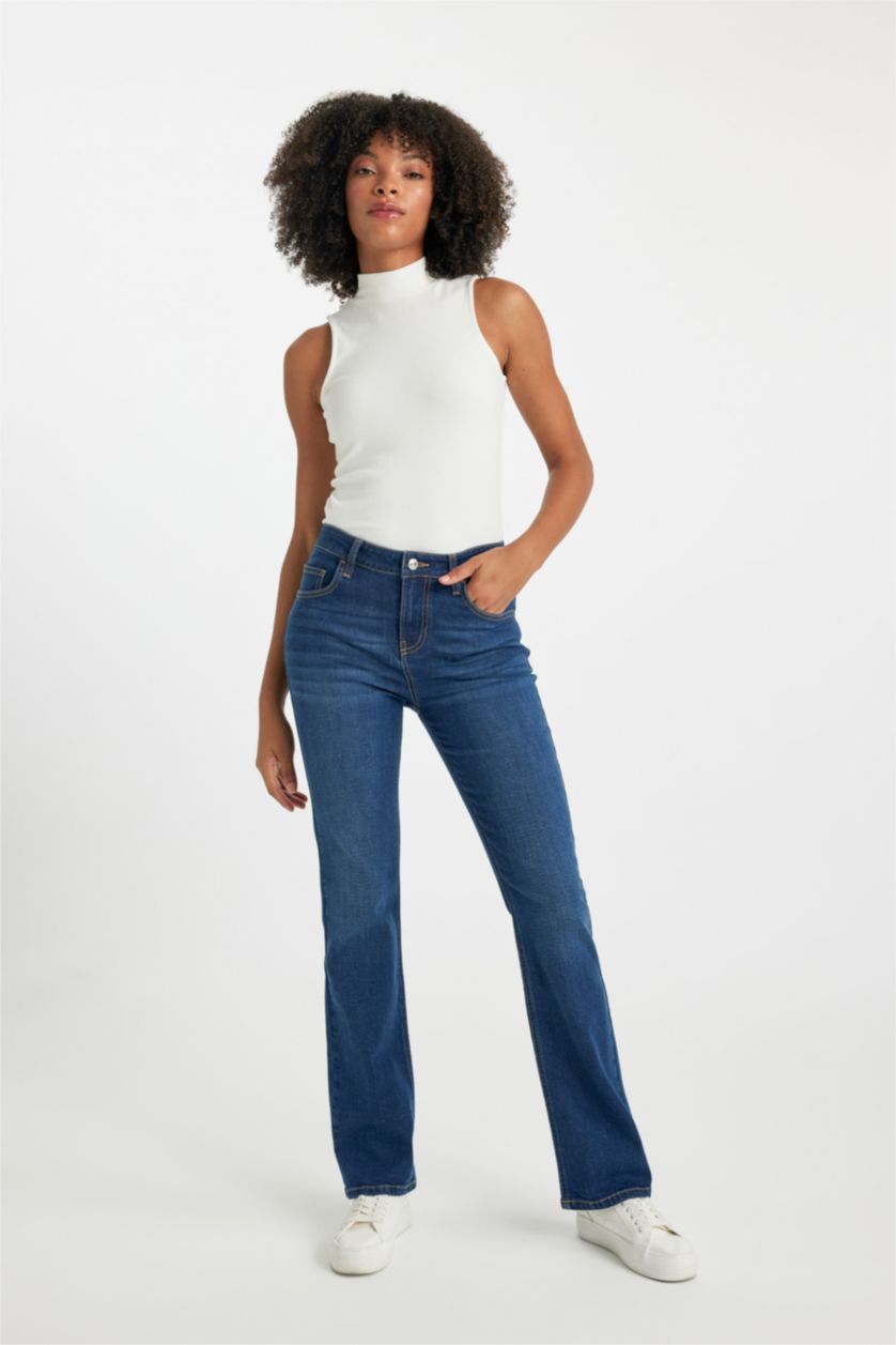 FEMME Bleu Foncé Pantalon Jean Long à Taille Haute