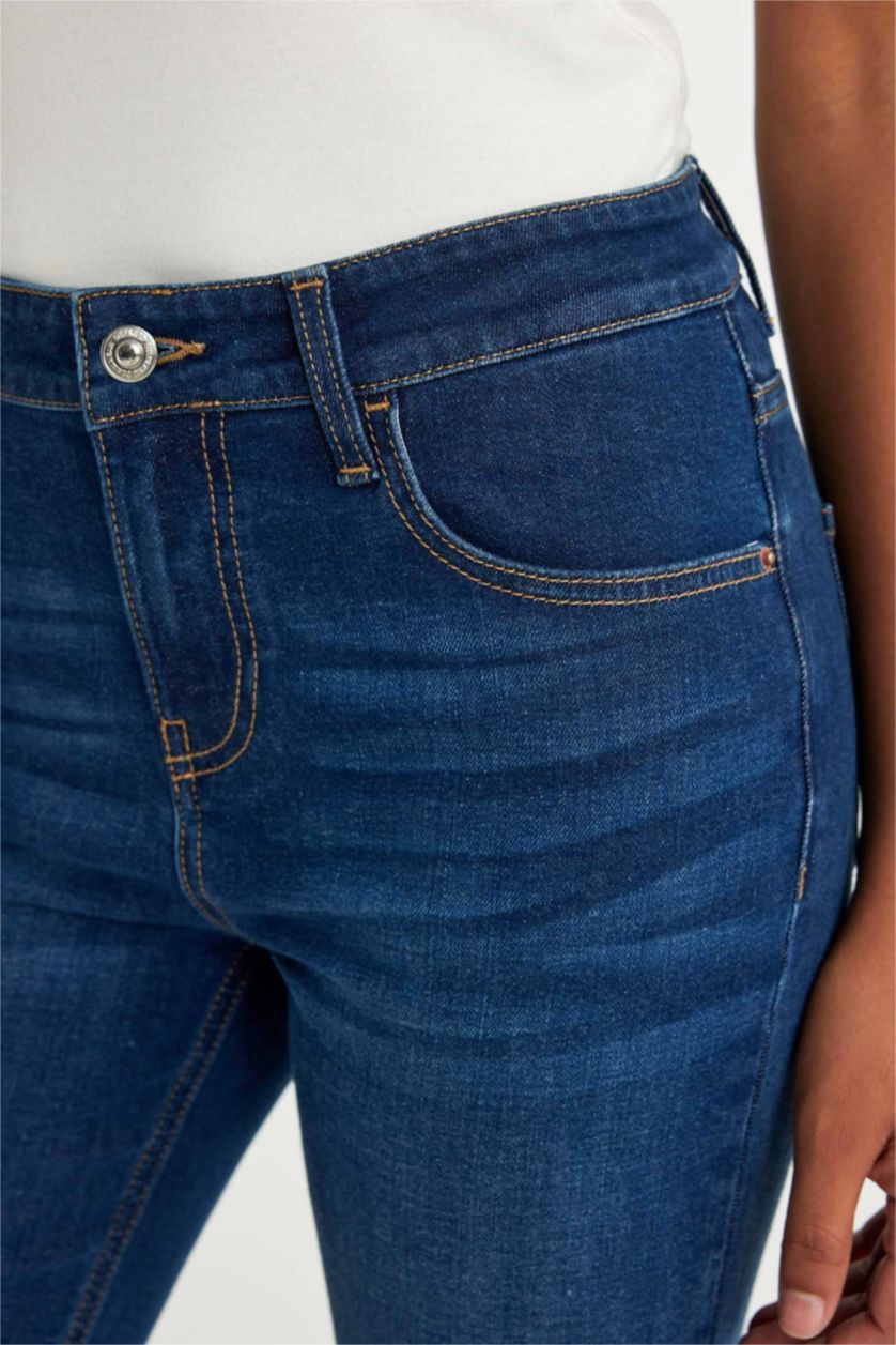 FEMME Bleu Foncé Pantalon Jean Long à Taille Haute