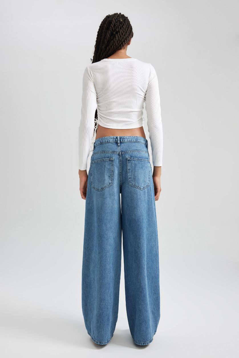 Kadın Mavi Palazzo Rahat Kalıp Yüksek Bel Geniş Paça Uzun Jean Pantolon