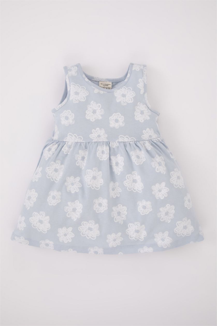 طفلة صغيرة أزرق فاتح فستان بناتي فلورال بقصة عادية بدون أكمام