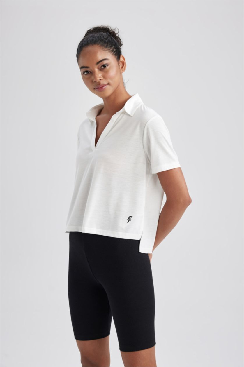 WOMAN White Polo Collar Short Sleeve T-Shirt