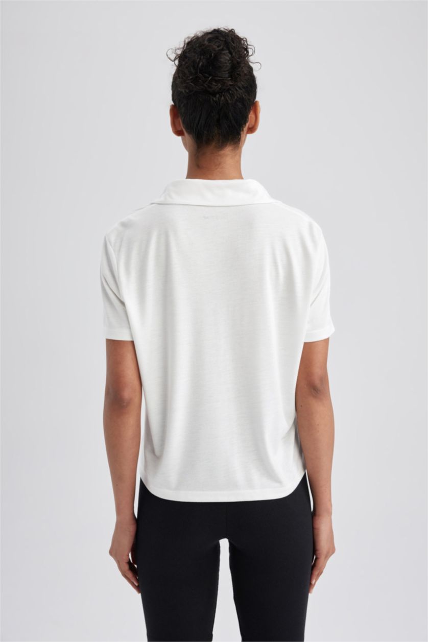 WOMAN White Polo Collar Short Sleeve T-Shirt