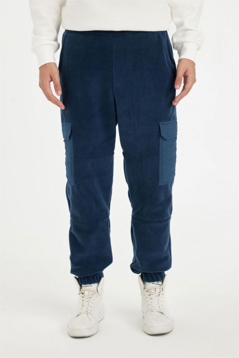 Erkek İndigo Regular Fit Polar Eşofman Altı Beli Paçası Lastikli Kargo Cepli