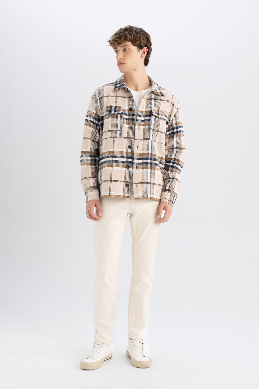 Erkek Taş Relax Fit Kareli Oduncu Flanel Uzun Kollu Gömlek