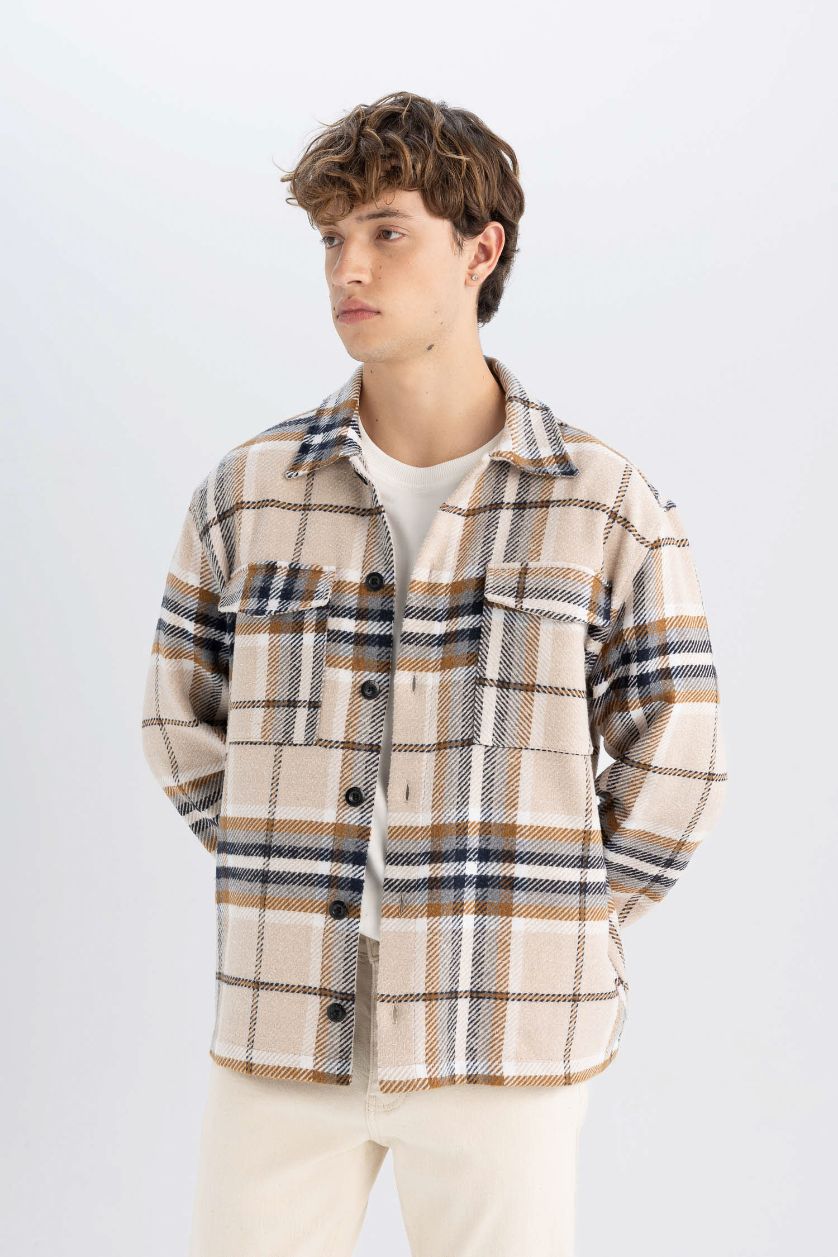 Erkek Taş Relax Fit Kareli Oduncu Flanel Uzun Kollu Gömlek